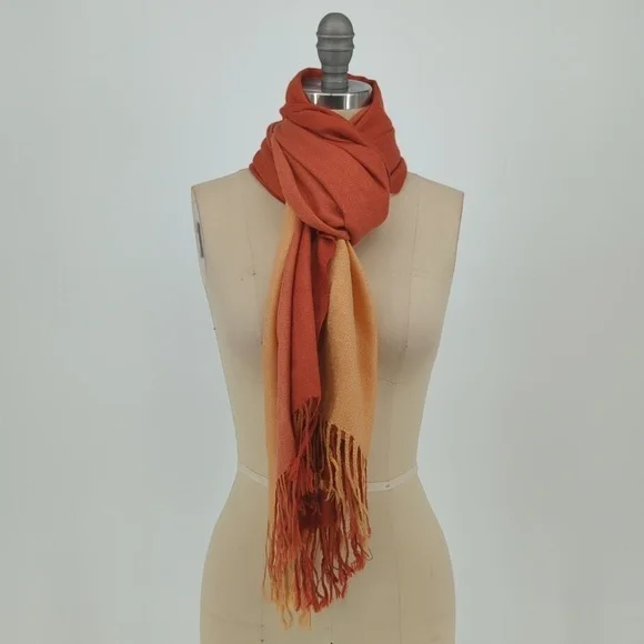 Pashmina Cashmere Silk Gradient Fringe Rectangle Scarf Sunset Orange Yellow - Picture 2 of 3